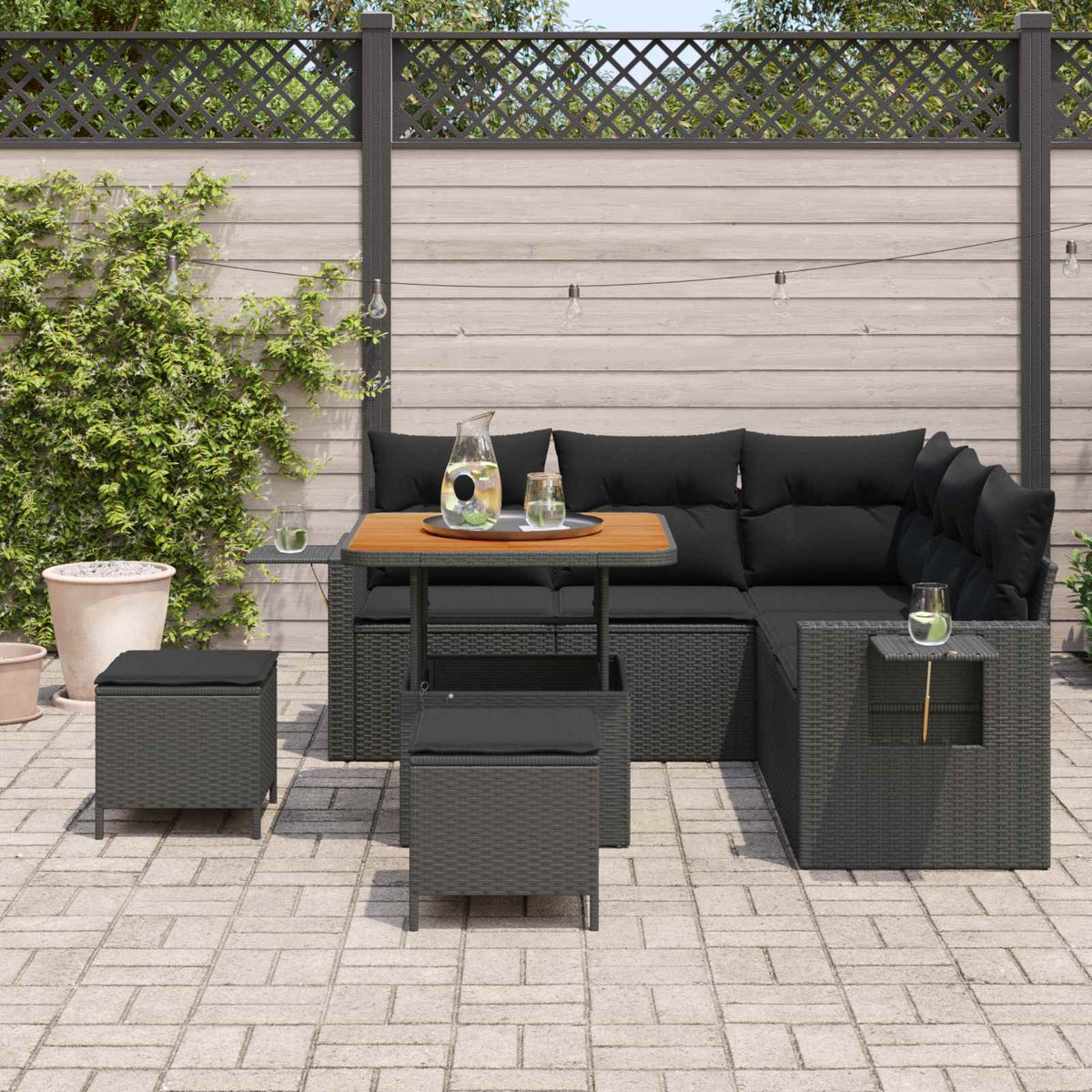 Havesofa Sæt 9 stk. 6-Antal sæder Sort polyrattan