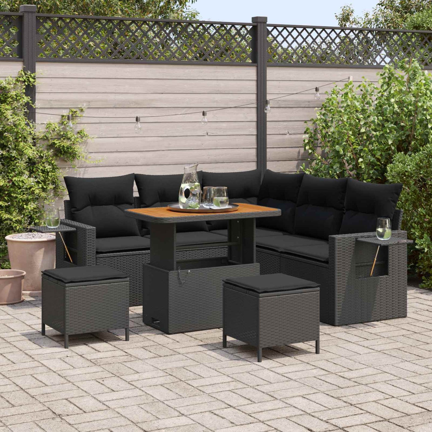 Havesofa Sæt 9 stk. 6-Antal sæder Sort polyrattan