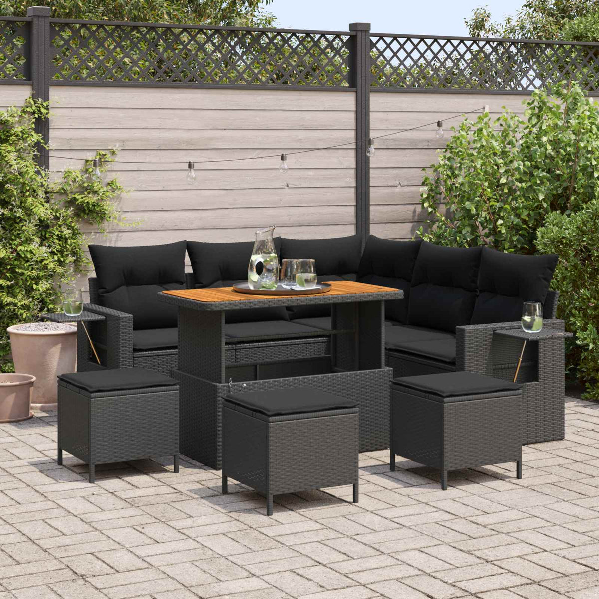 Havesofa Sæt 10 stk. 7-Antal sæder Sort polyrattan