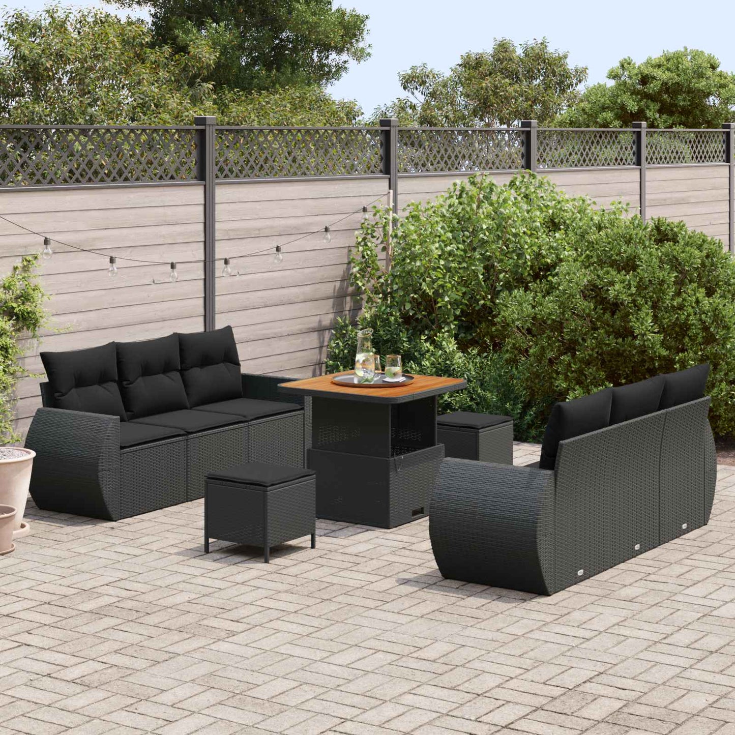 Havesofa Sæt 9 stk. 6-Antal sæder Sort polyrattan