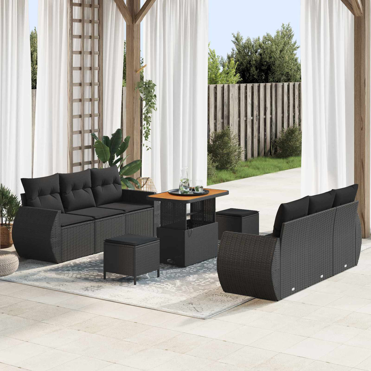 Havesofa Sæt 9 stk. 6-Antal sæder Sort polyrattan