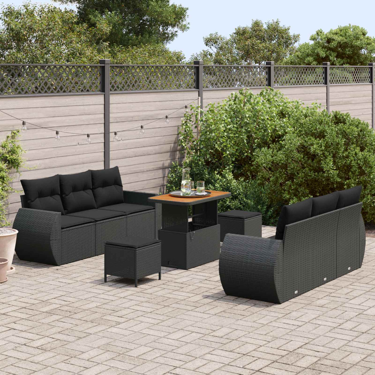 Havesofa Sæt 9 stk. 6-Antal sæder Sort polyrattan
