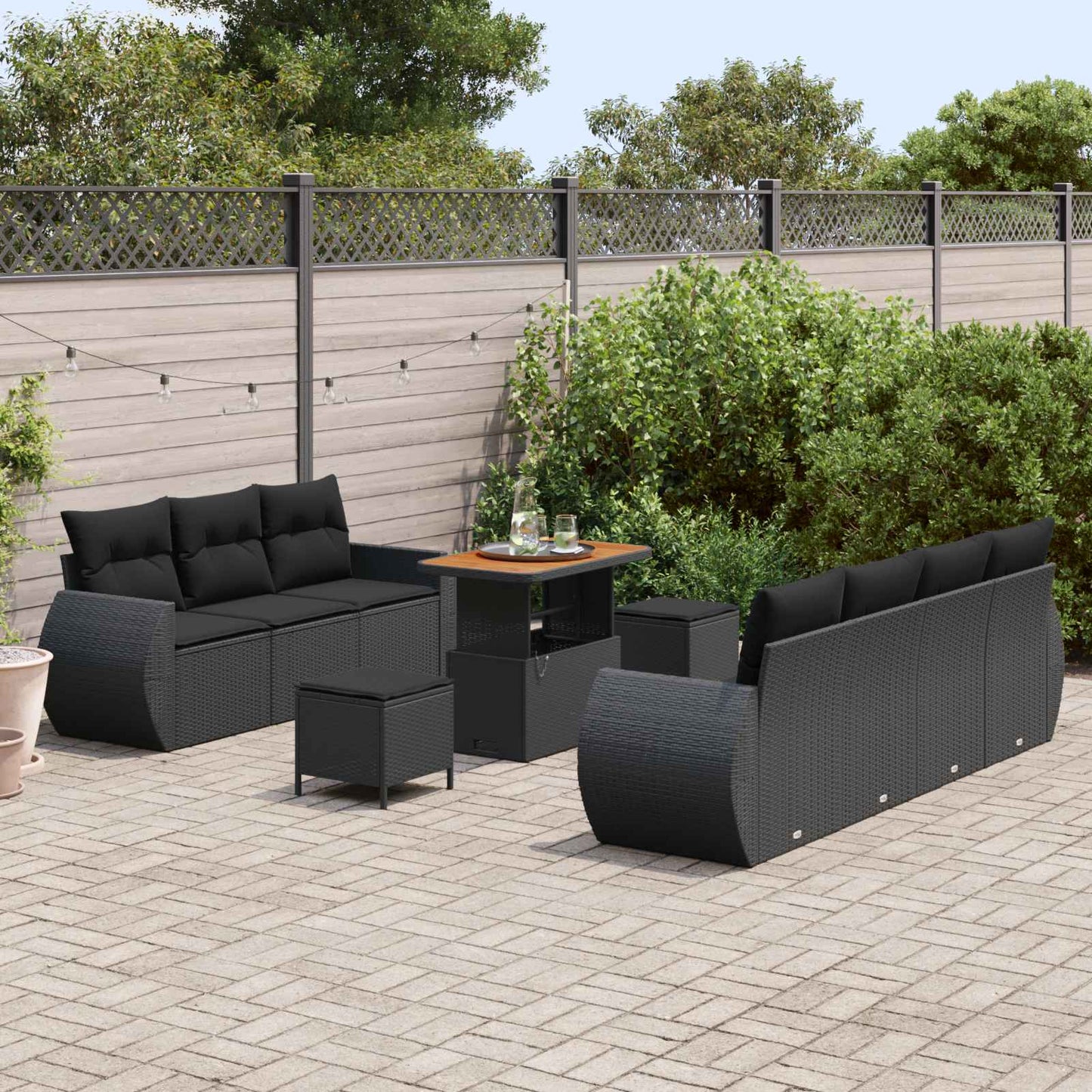 Havesofa Sæt 10 stk. 7-Antal sæder Sort polyrattan