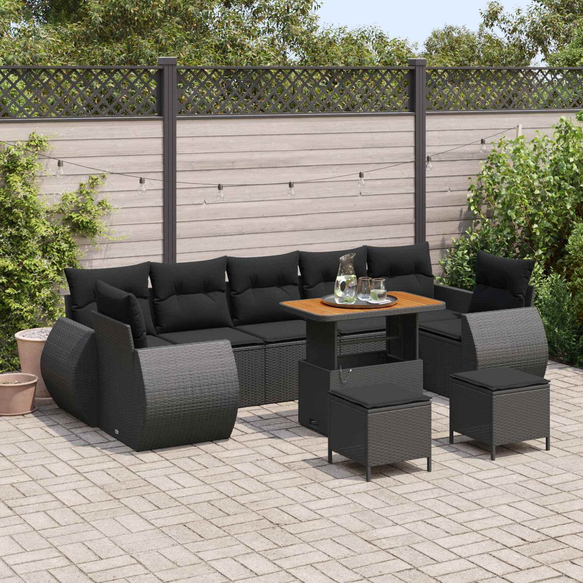 Havesofa Sæt 10 stk. 7-Antal sæder Sort polyrattan