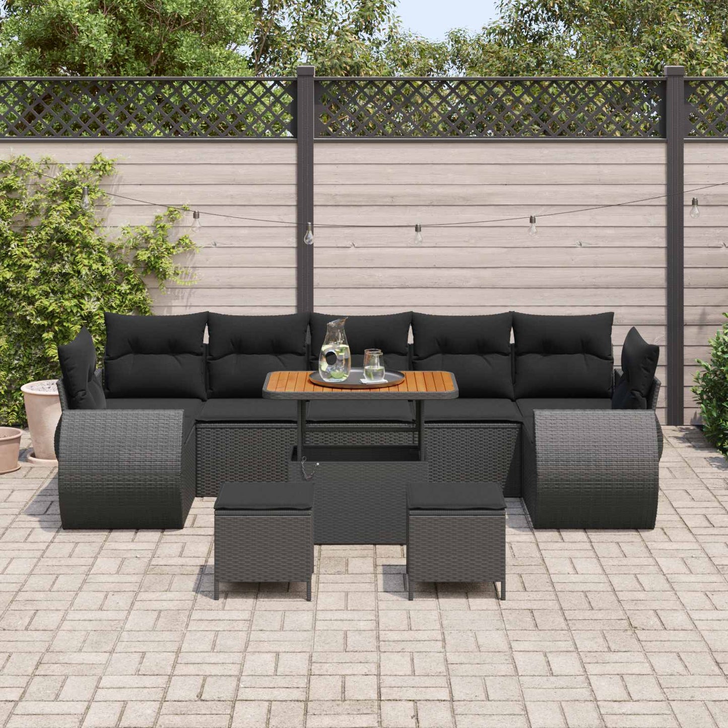 Havesofa Sæt 10 stk. 7-Antal sæder Sort polyrattan