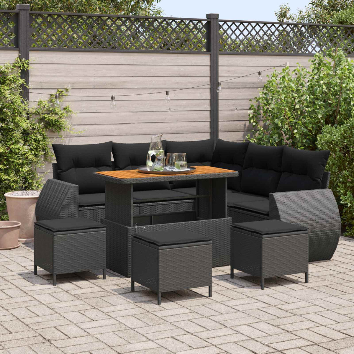 Havesofa Sæt 9 stk. 8-Antal sæder Sort polyrattan