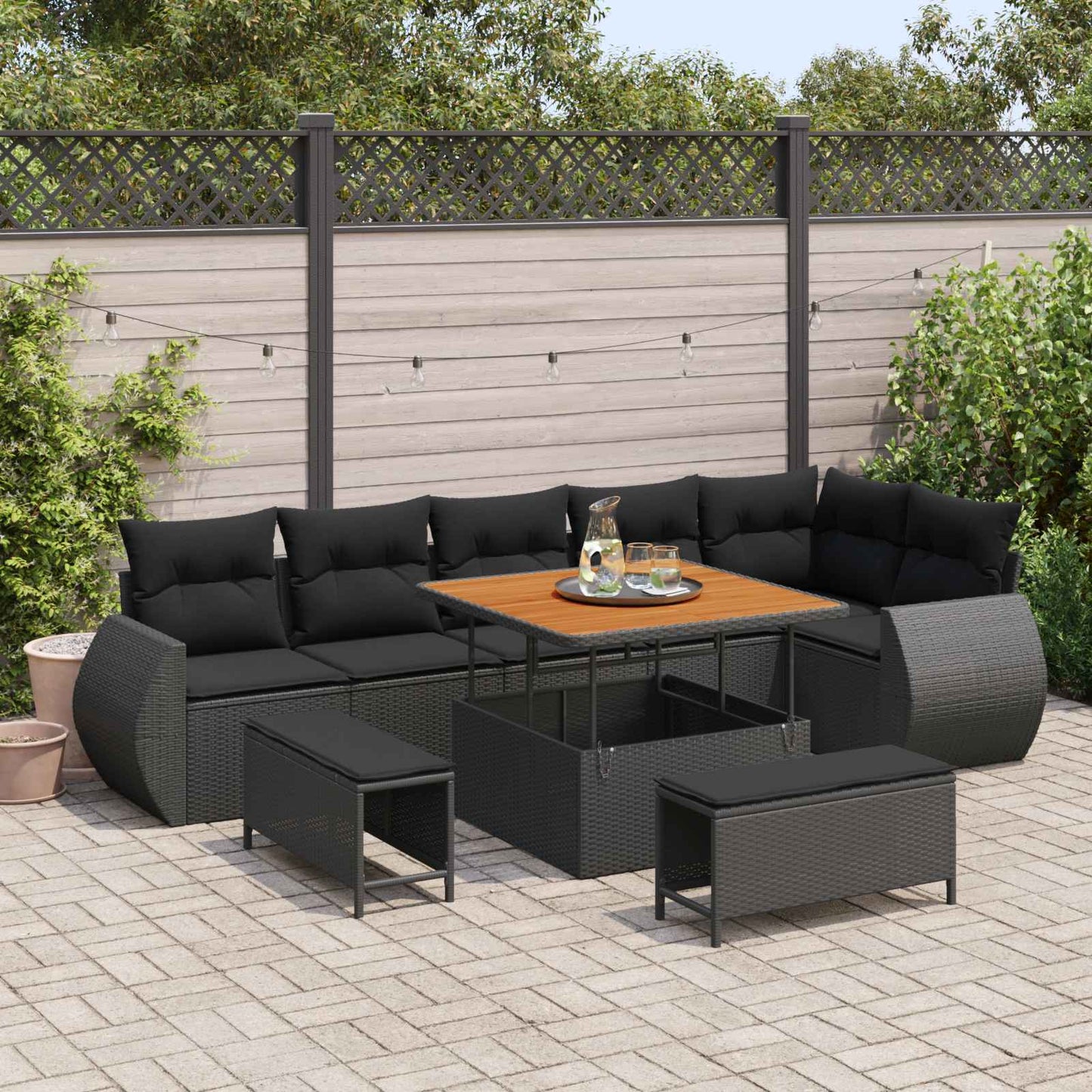 Havesofa Sæt 9 stk. 9-Antal sæder Sort Poly Rattan