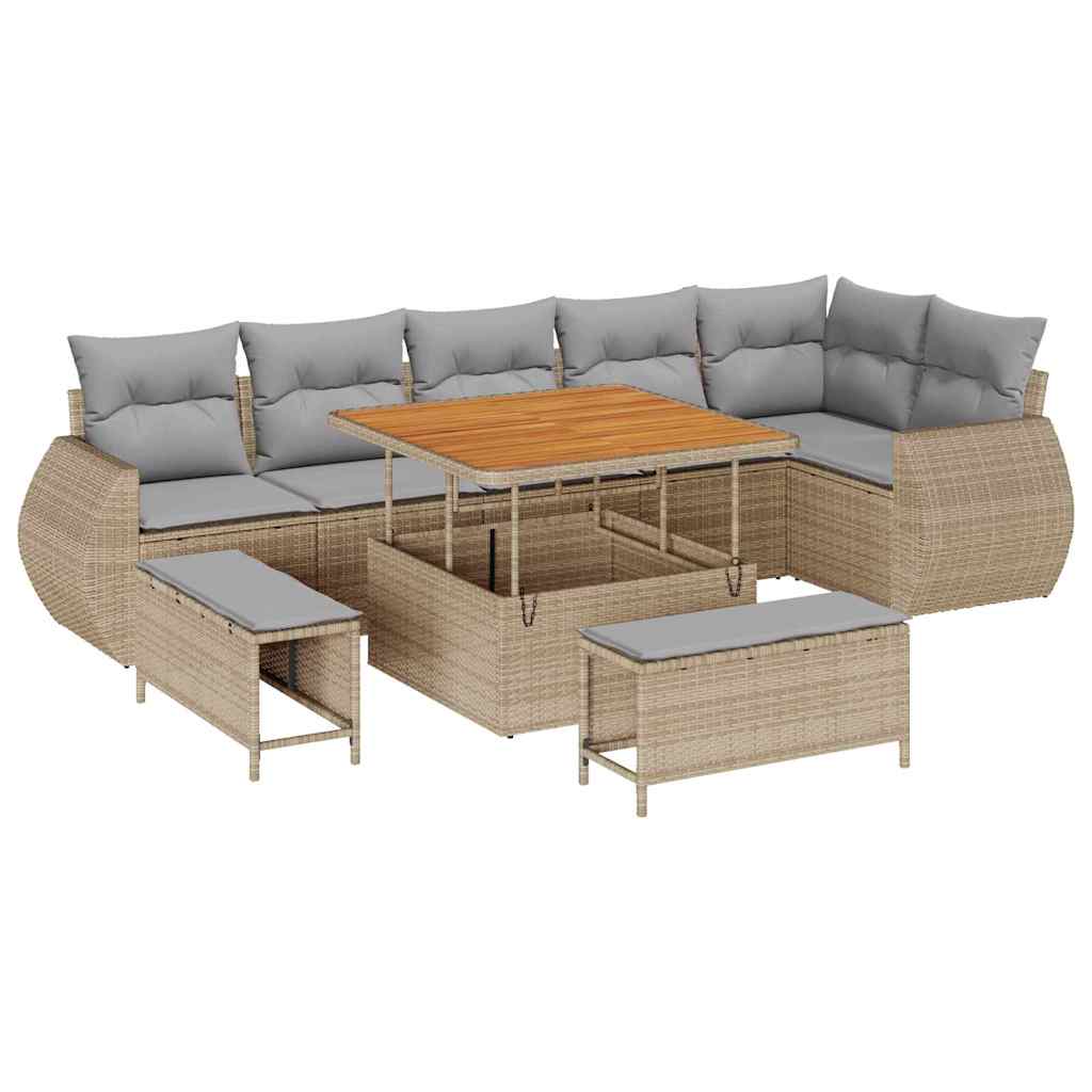 Havesofa Sæt 9 stk. 9-Antal sæder Beige og lys grå Poly Rattan