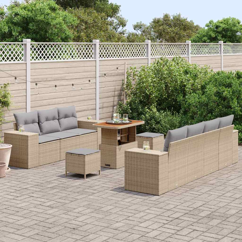 Havesofa Sæt 10 stk. 9-Antal sæder Beige og lys grå Poly Rattan