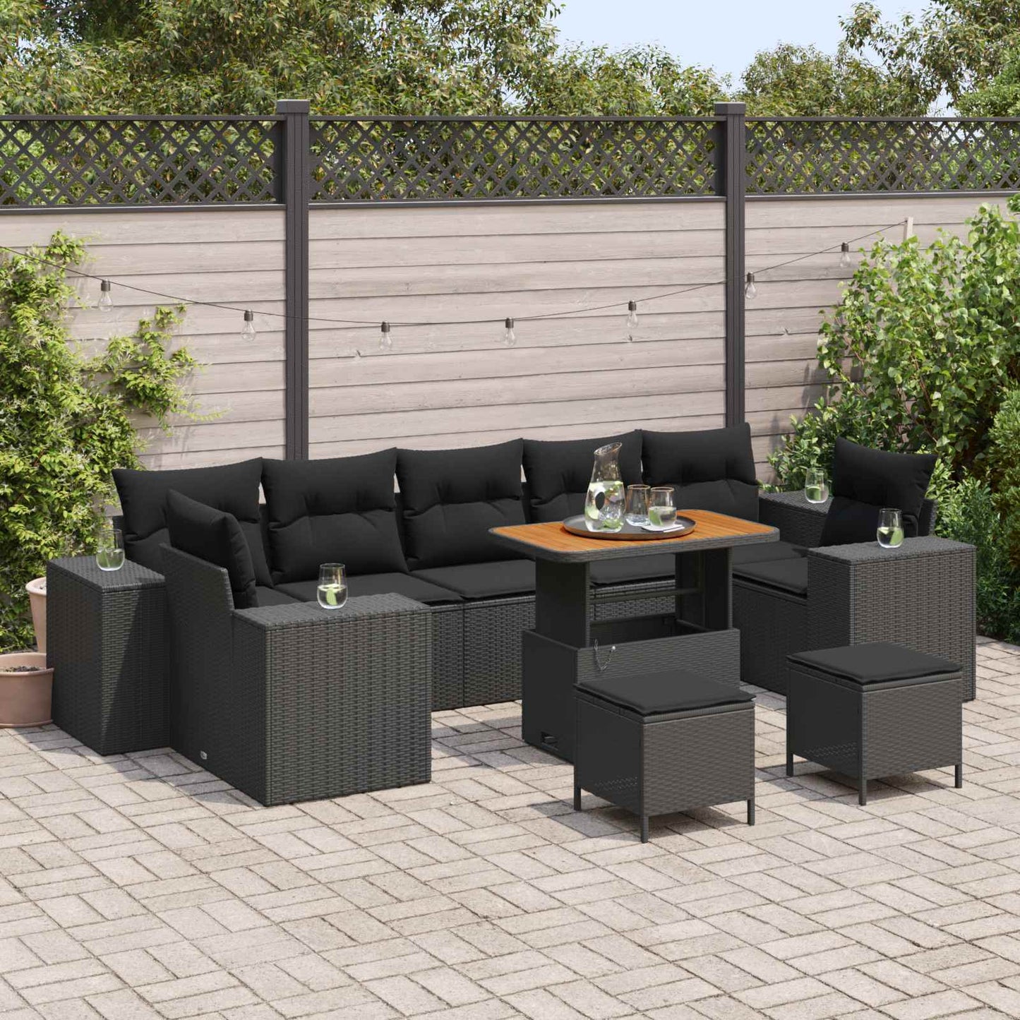 Havesofa Sæt 10 stk. 9-Antal sæder Sort polyrattan