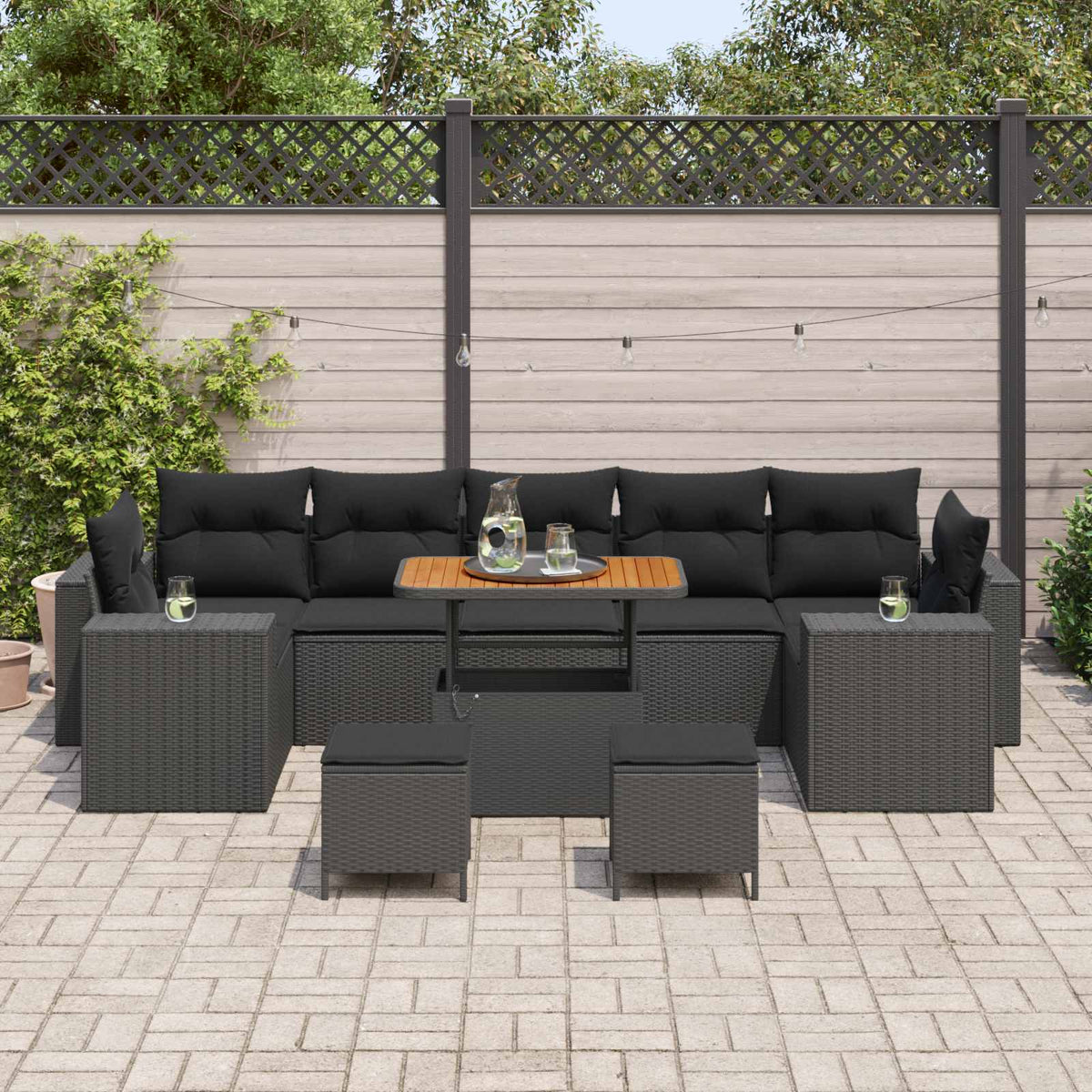 Havesofa Sæt 10 stk. 9-Antal sæder Sort polyrattan