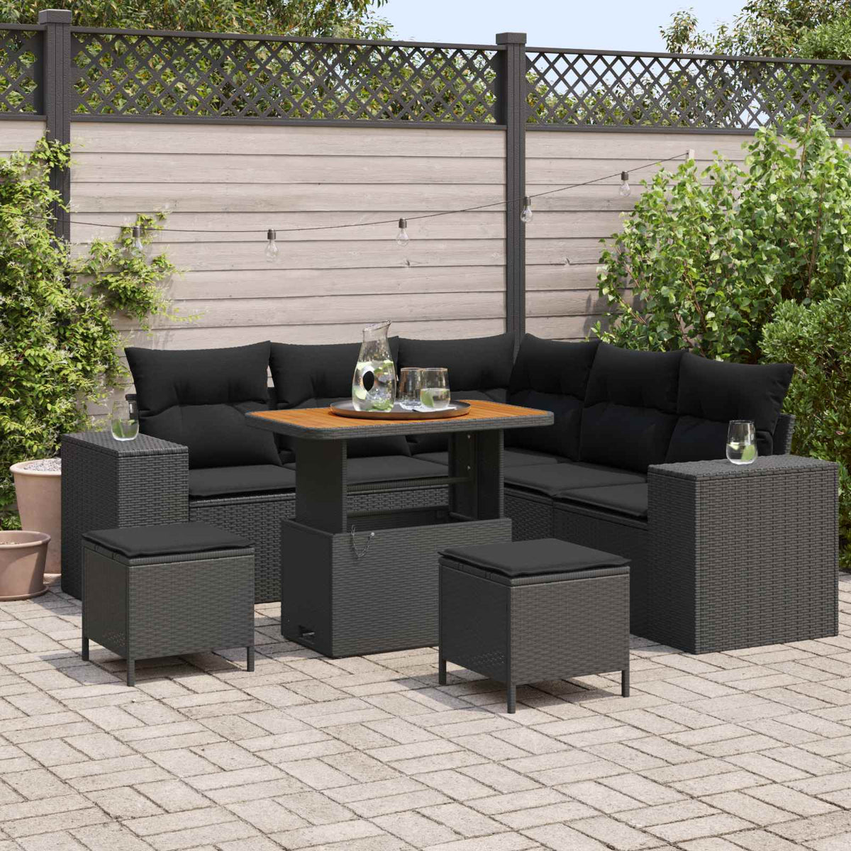Havesofa Sæt 8 stk. 7-Antal sæder Sort polyrattan