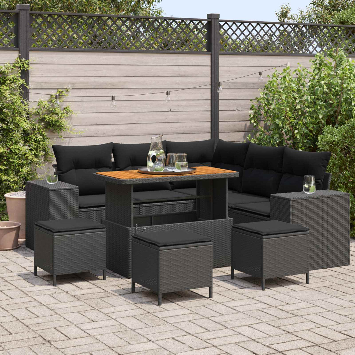 Havesofa Sæt 9 stk. 8-Antal sæder Sort polyrattan