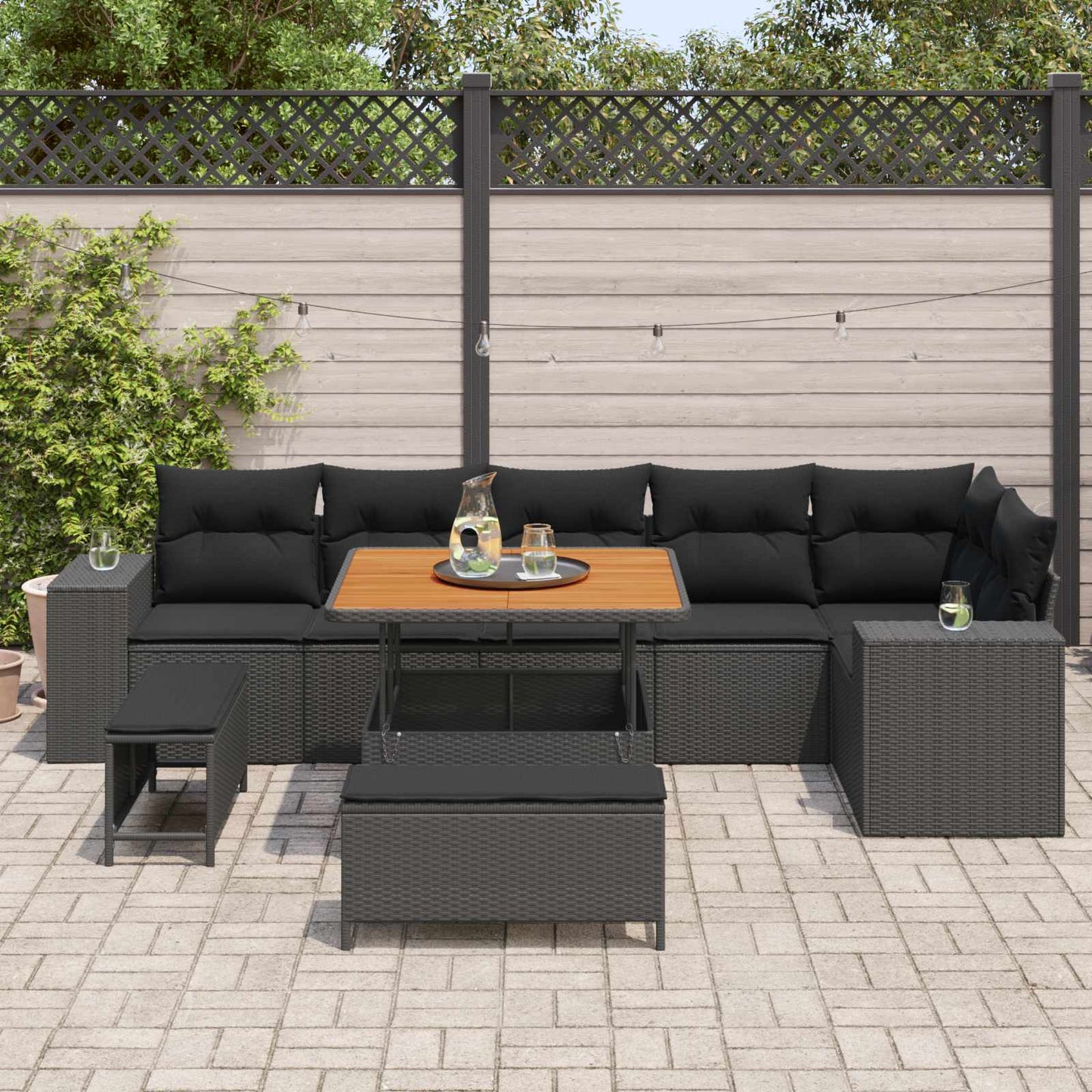 Havesofa Sæt 9 stk. 6-Antal sæder Sort polyrattan