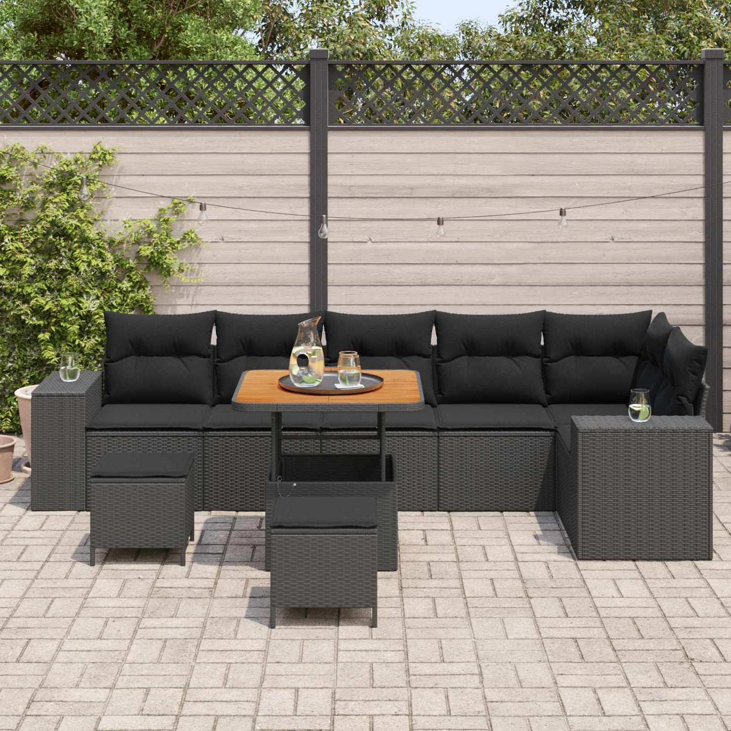 Havesofa Sæt 9 stk. 6-Antal sæder Sort polyrattan
