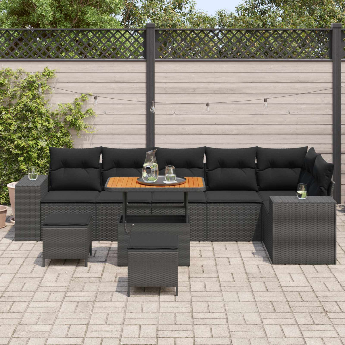 Havesofa Sæt 9 stk. 6-Antal sæder Sort polyrattan