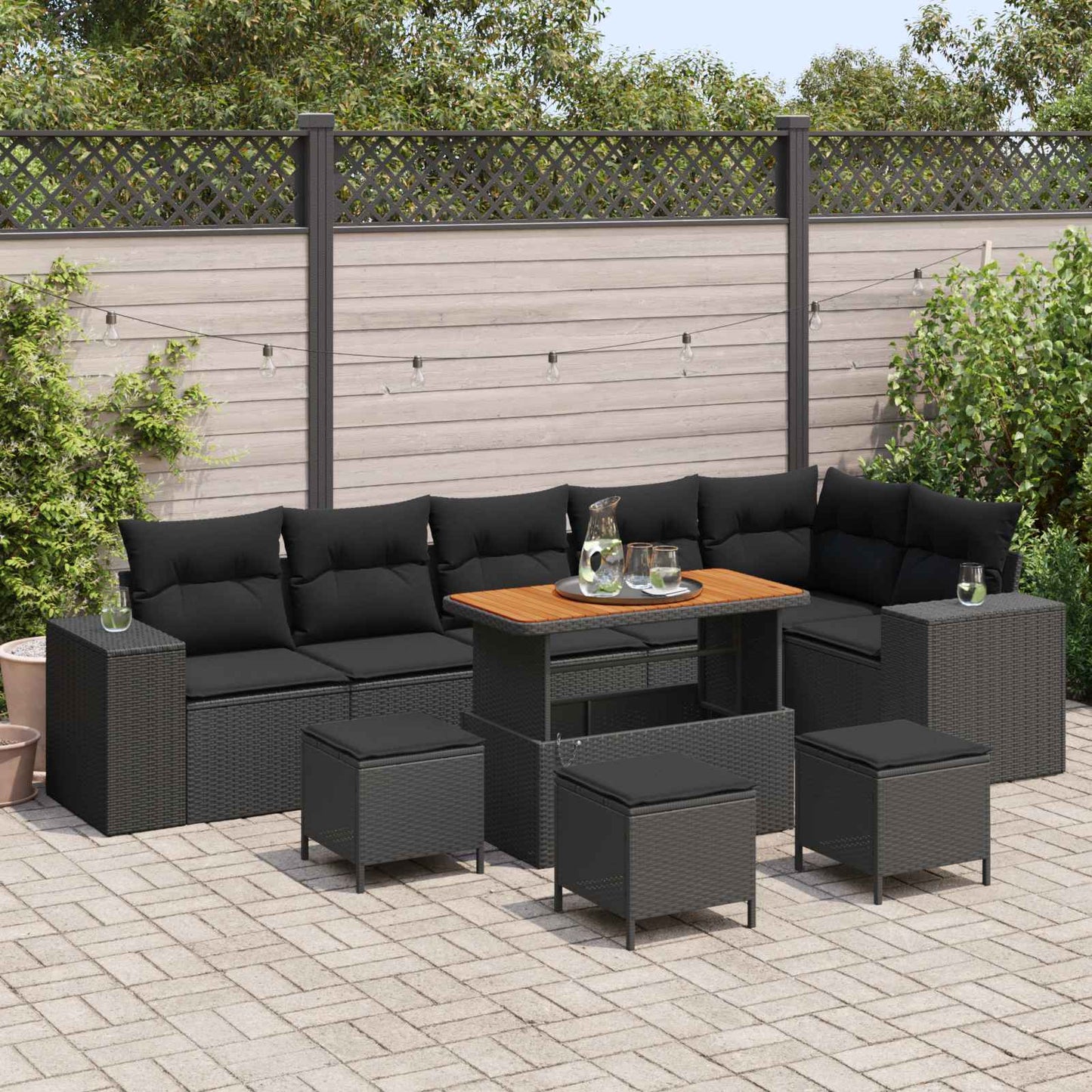 Havesofa Sæt 10 stk. 6-Antal sæder Sort polyrattan