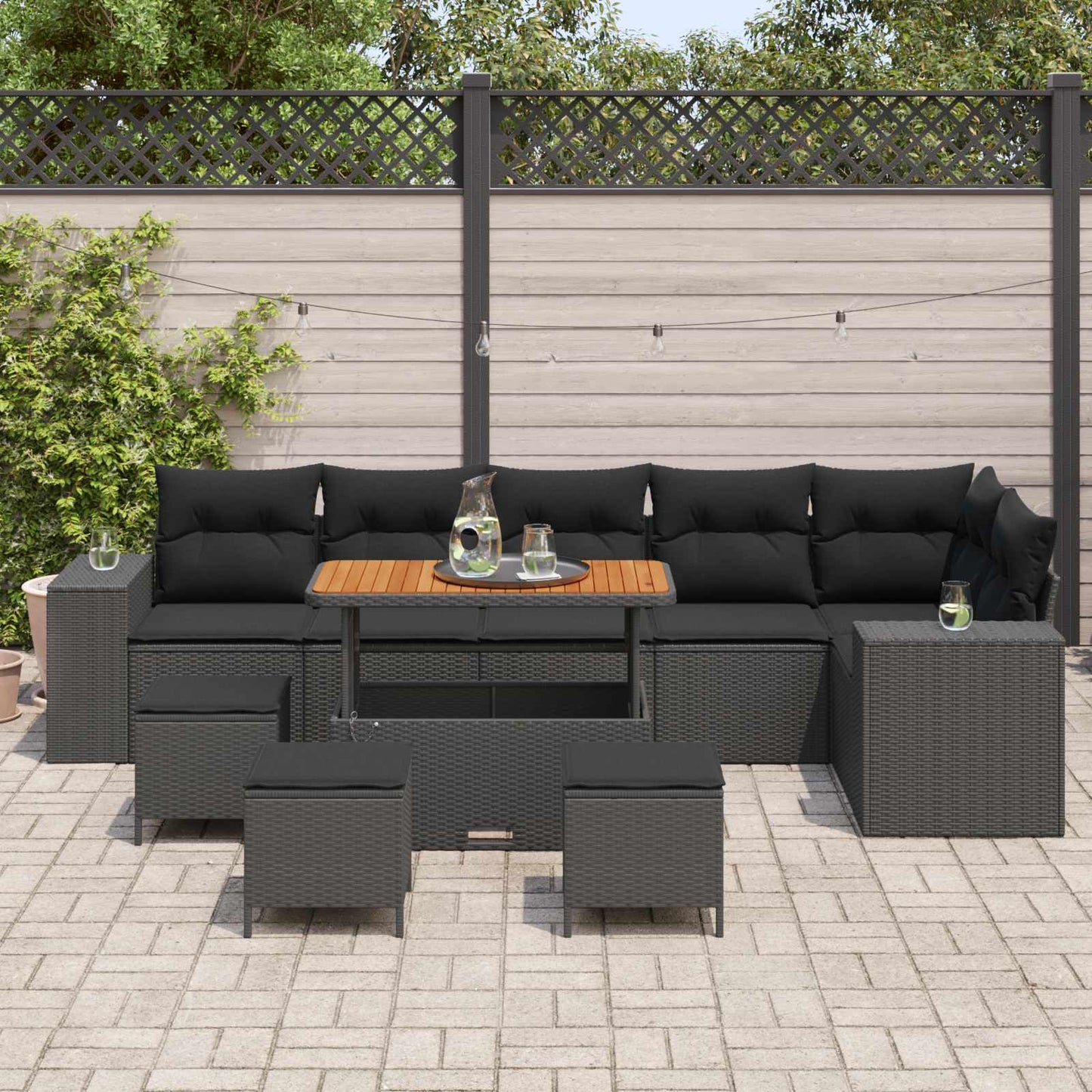 Havesofa Sæt 10 stk. 6-Antal sæder Sort polyrattan