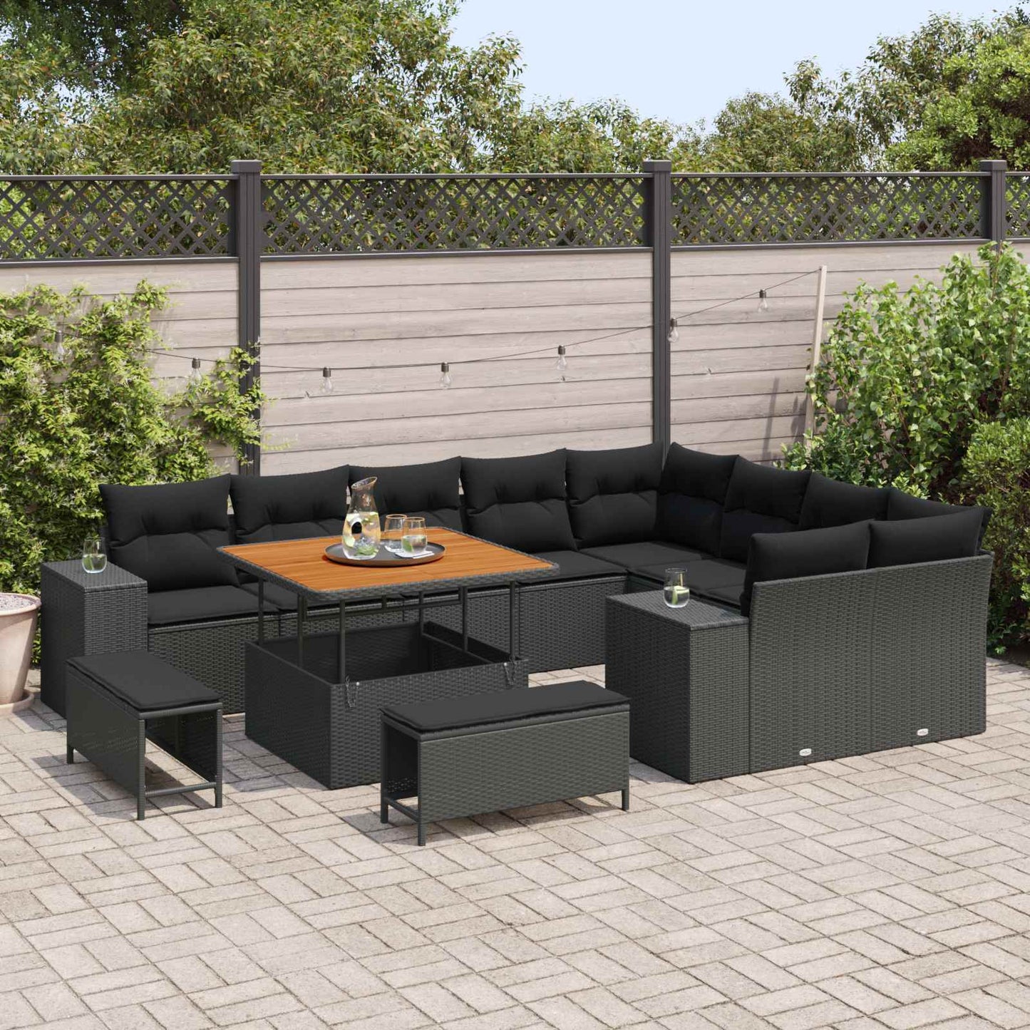 Havesofa Sæt 12 stk. 9-Antal sæder Sort polyrattan