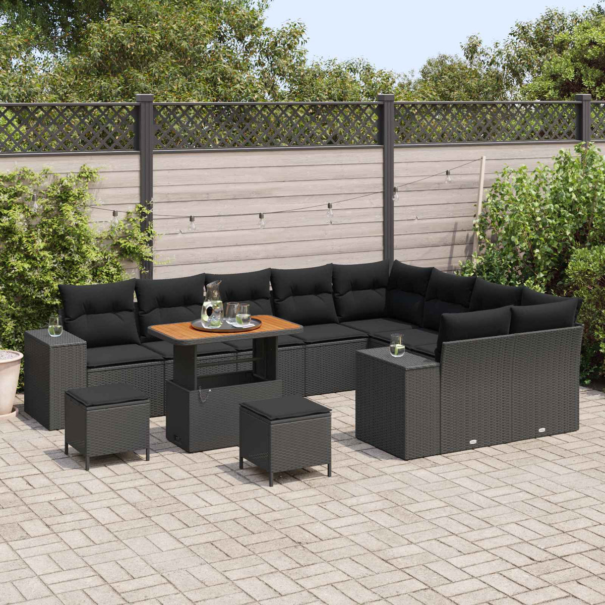 Havesofa Sæt 12 stk. 9-Antal sæder Sort polyrattan