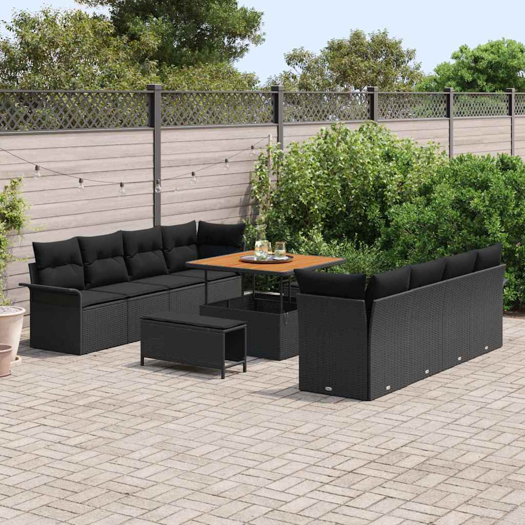 Havesofa Sæt Sort Poly Rattan og Stål og Massivt akacietræ