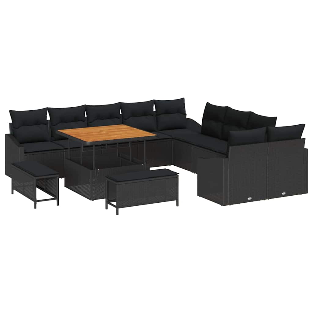 Havesofa Sæt med pude med opbevaring 13 pcs Sort Poly rattan