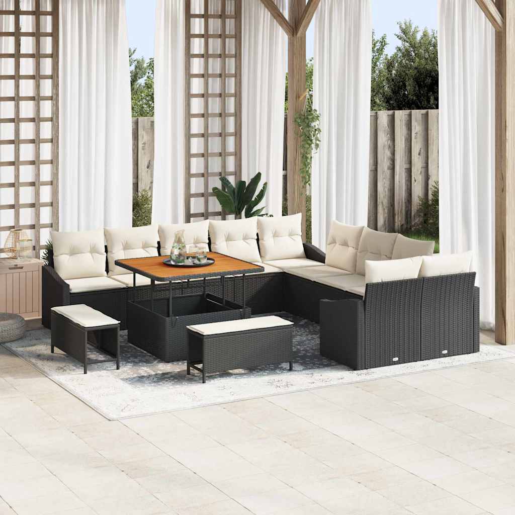 Havesofa Sæt med pude med opbevaring 13 pcs Sort Poly rattan