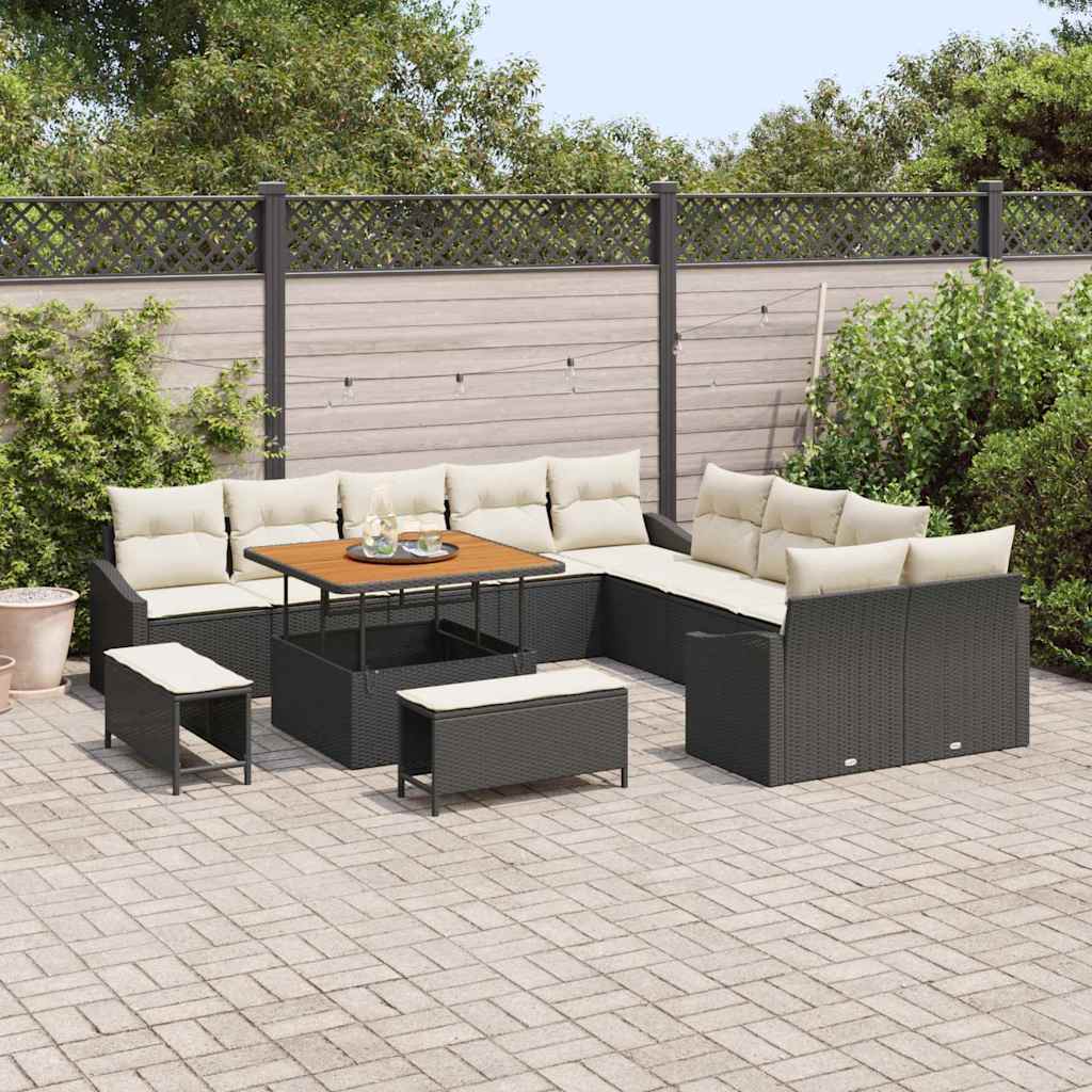 Havesofa Sæt med pude med opbevaring 13 pcs Sort Poly rattan