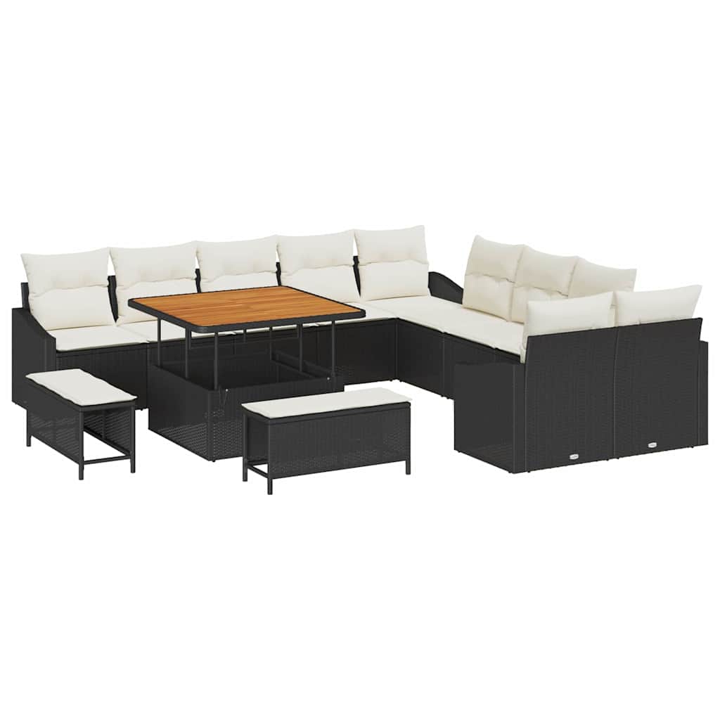 Havesofa Sæt med pude med opbevaring 13 pcs Sort Poly rattan