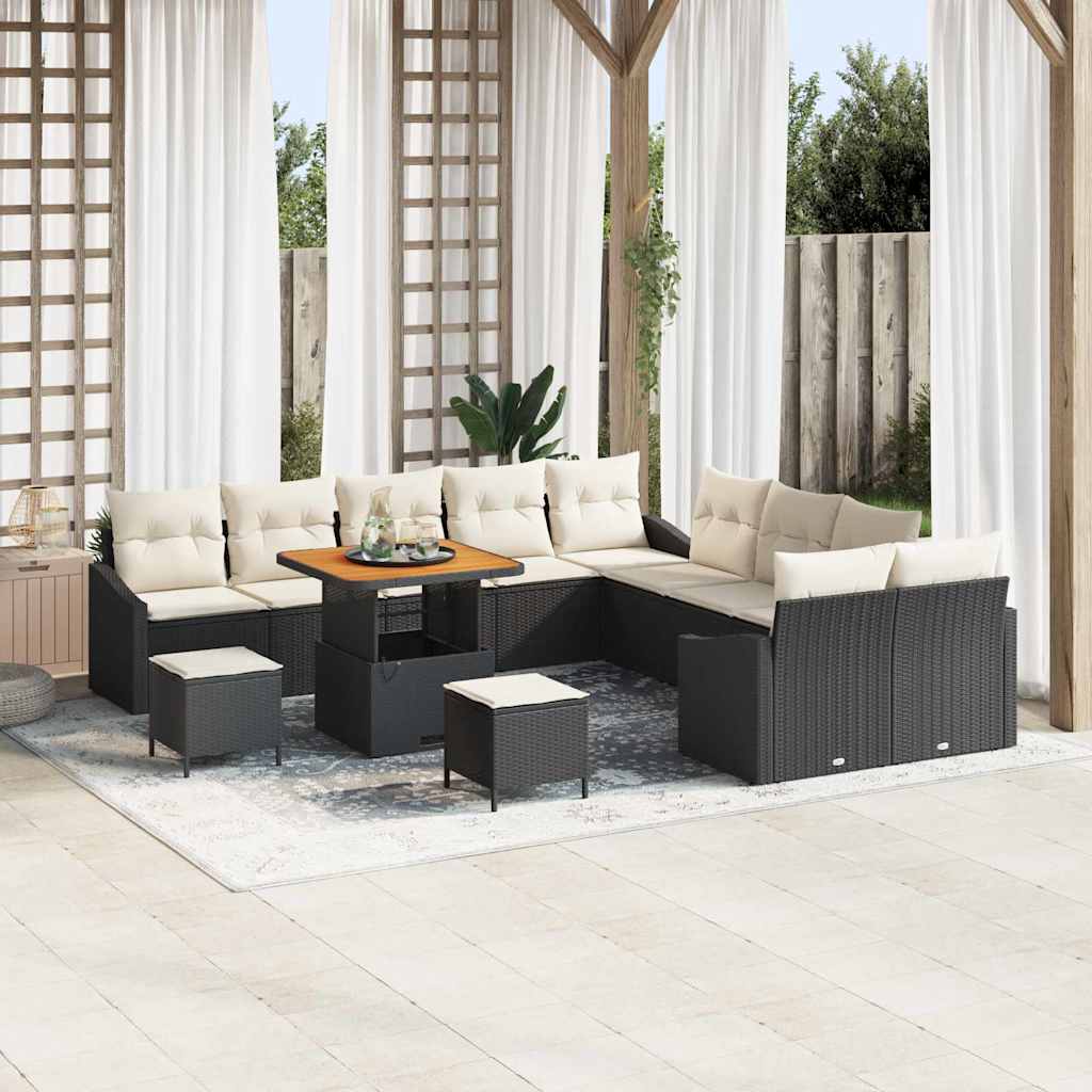 Havesofa Sæt med pude med opbevaring 13 pcs Sort Poly rattan