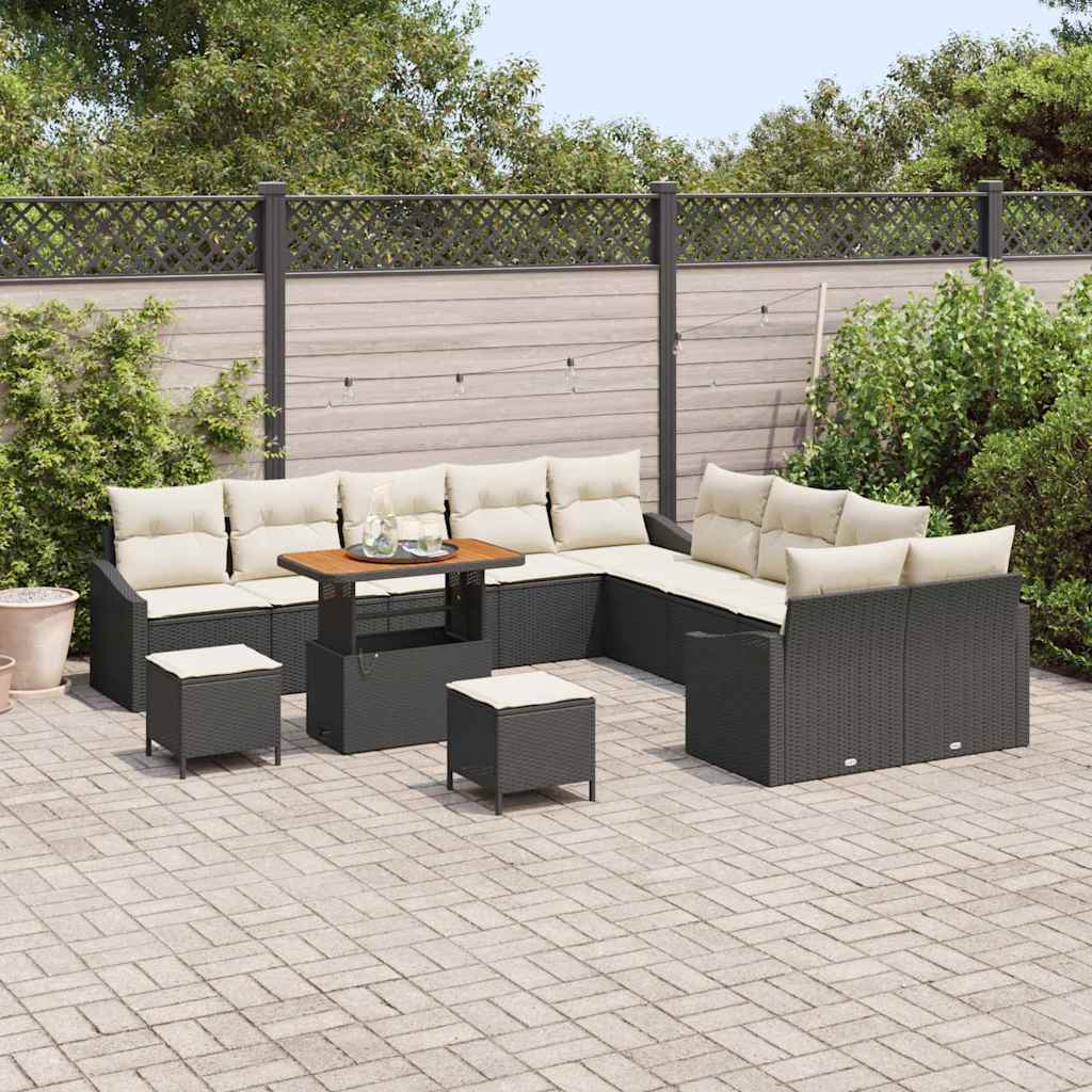 Havesofa Sæt med pude med opbevaring 13 pcs Sort Poly rattan