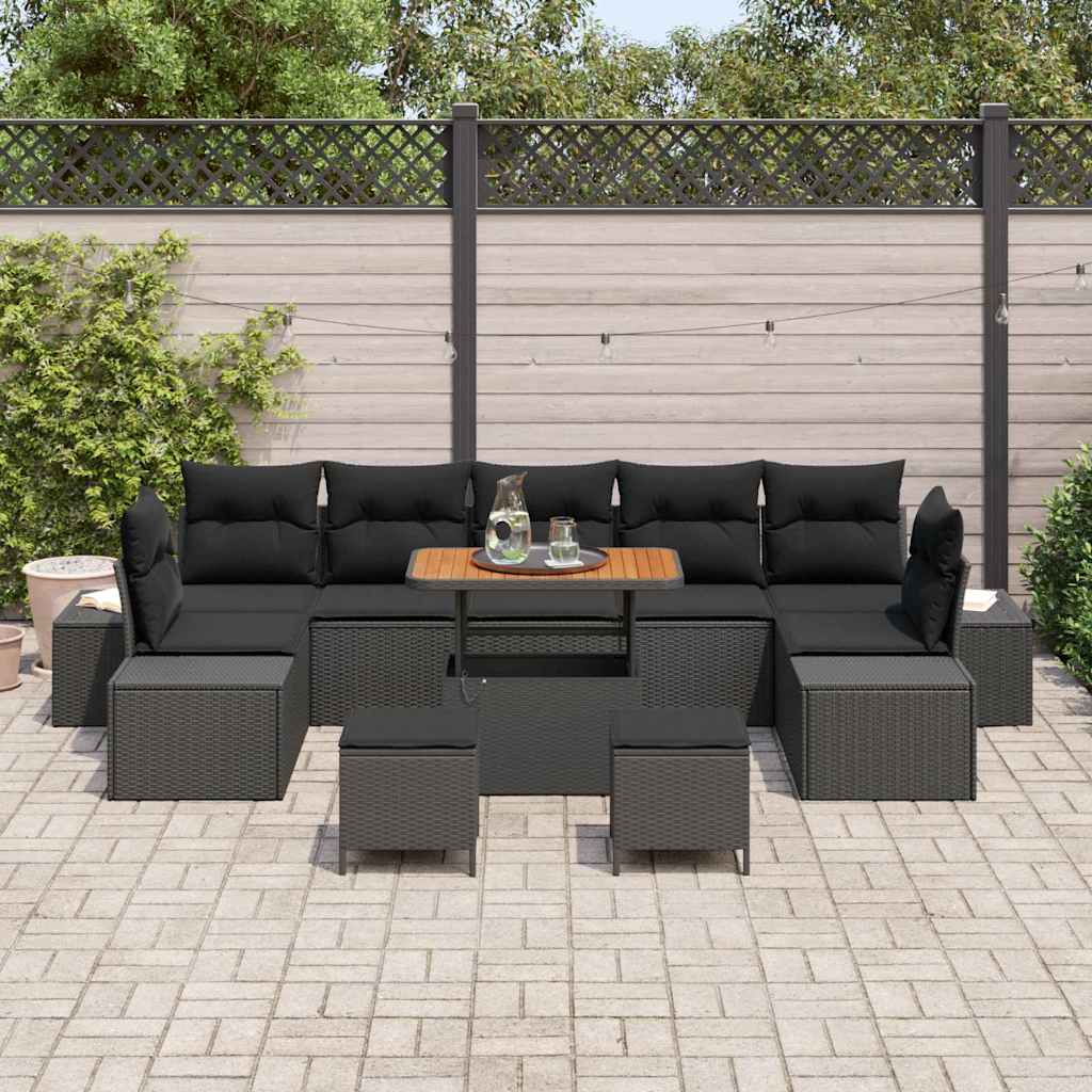 Havesofa Sæt 10 stk. 9-Antal sæder Sort Poly rattan