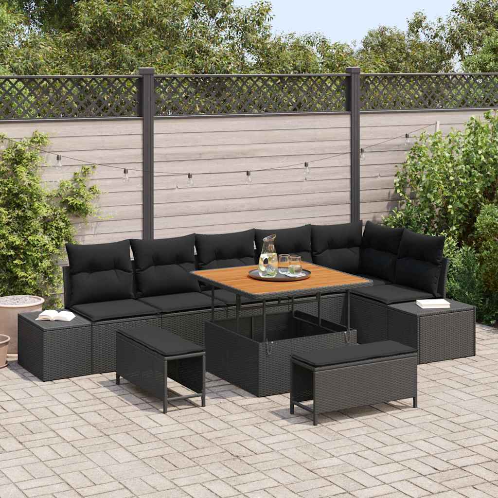 Havesofa Sæt 9 stk. 8-Antal sæder Sort Poly rattan