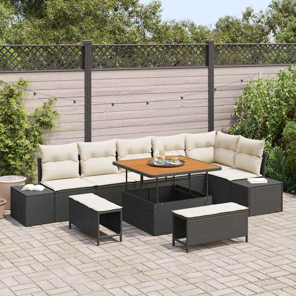Havesofa Sæt 9 stk. 8-Antal sæder Sort Poly rattan
