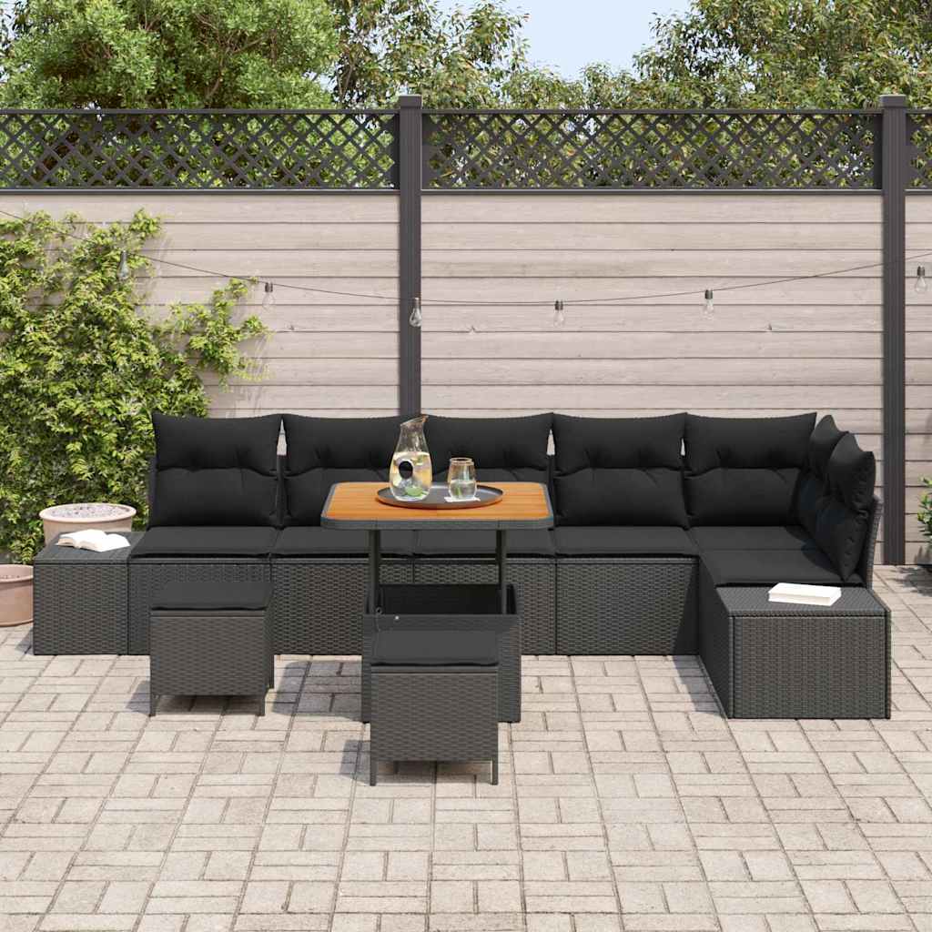 Havesofa Sæt 9 stk. 8-Antal sæder Sort Poly rattan