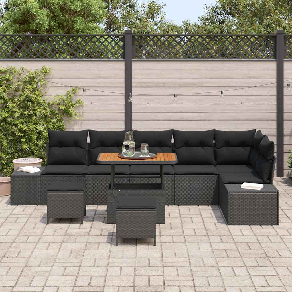 Havesofa Sæt 9 stk. 8-Antal sæder Sort Poly rattan