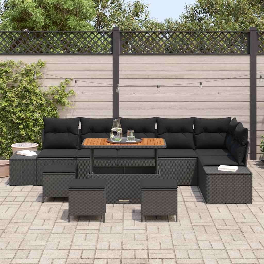 Havesofa Sæt 10 stk. 9-Antal sæder Sort Poly rattan