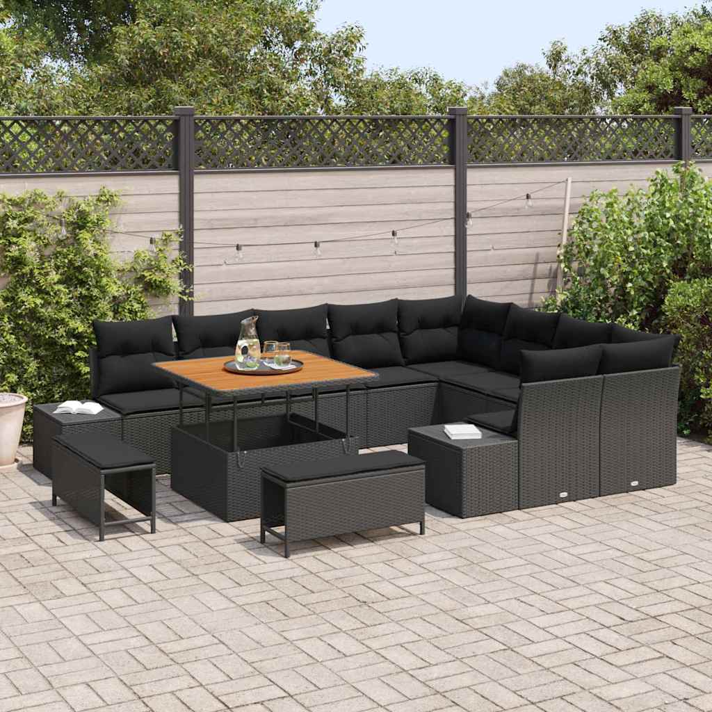 Havesofa Sæt 12 stk. 11-Antal sæder Sort Poly rattan