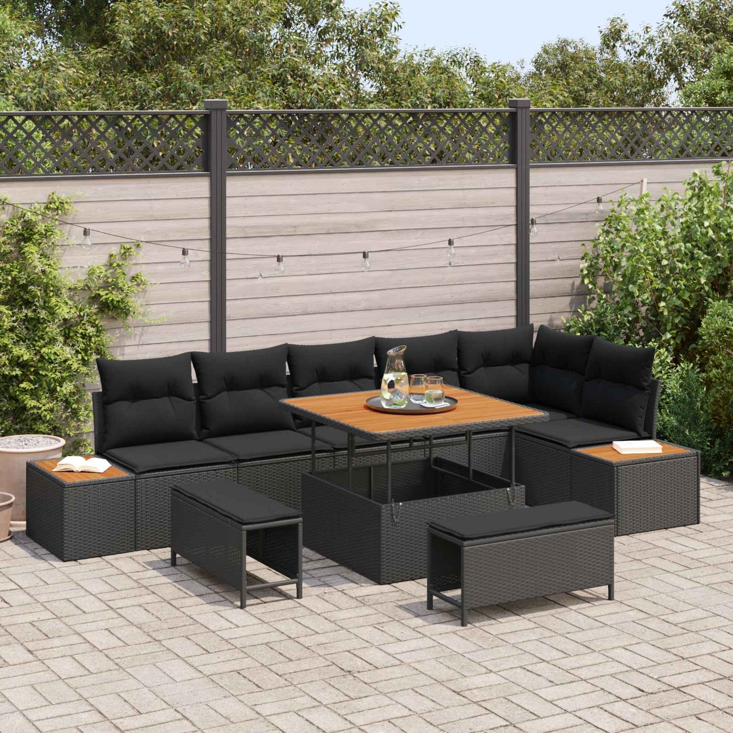 Havesofa Sæt 9 stk. 8-Antal sæder Sort Poly rattan