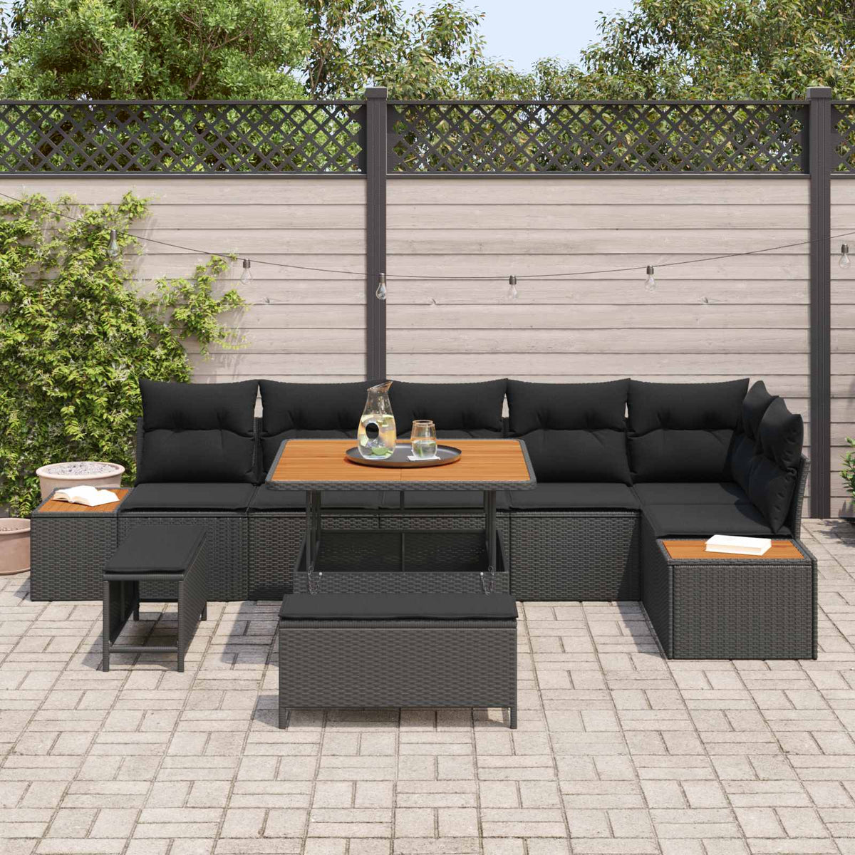 Havesofa Sæt 9 stk. 8-Antal sæder Sort Poly rattan