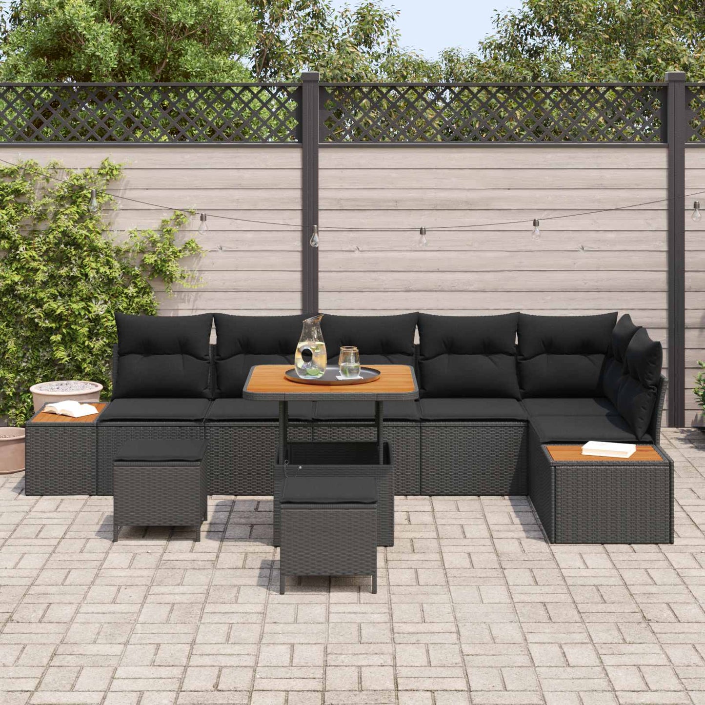 Havesofa Sæt 9 stk. 8-Antal sæder Sort Poly rattan