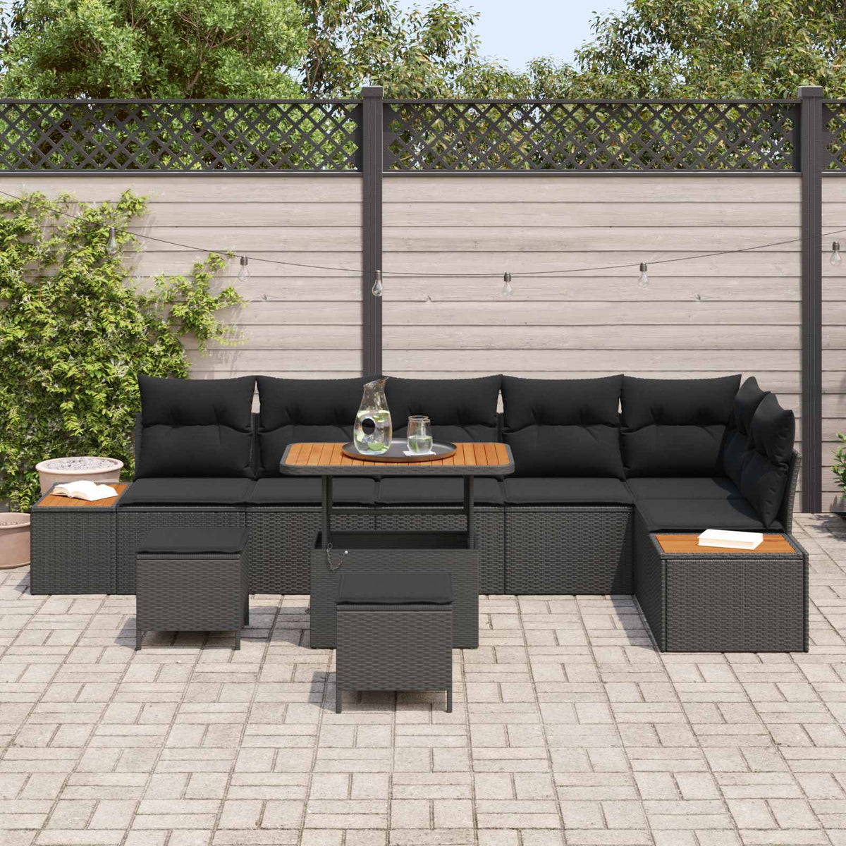 Havesofa Sæt 9 stk. 8-Antal sæder Sort Poly rattan