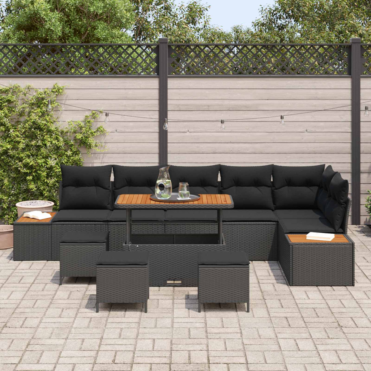 Havesofa Sæt 10 stk. 9-Antal sæder Sort Poly rattan