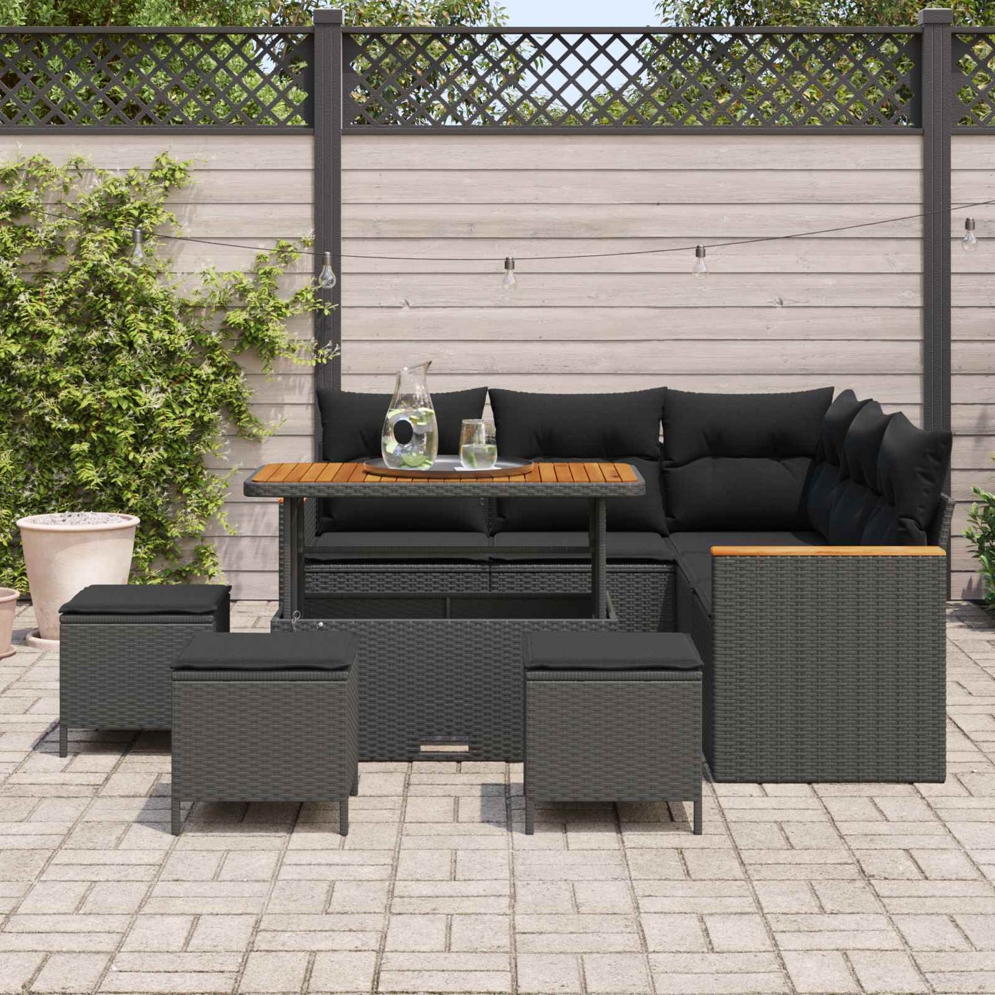 Havesofa Sæt med pude med opbevaring Sort Poly rattan