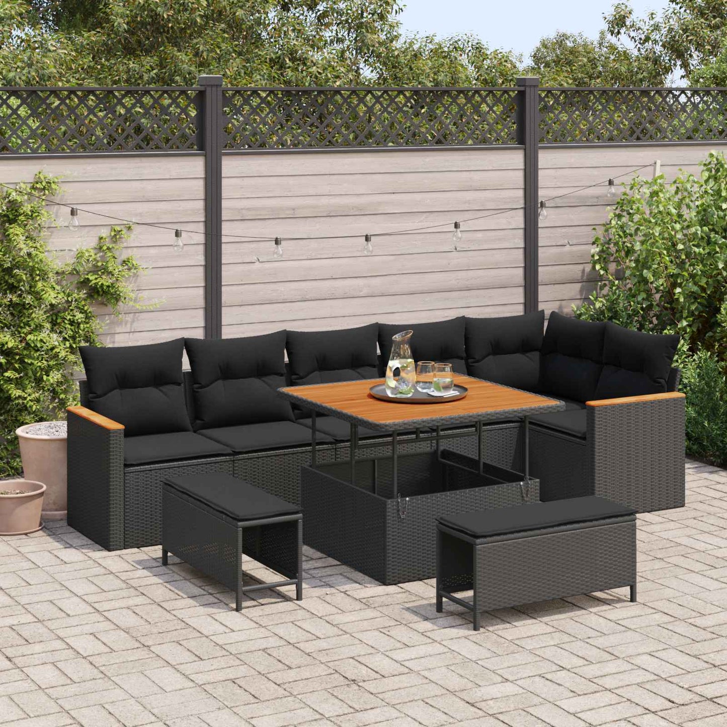 Havesofa Sæt 9 stk. 6-Antal sæder Sort Poly rattan