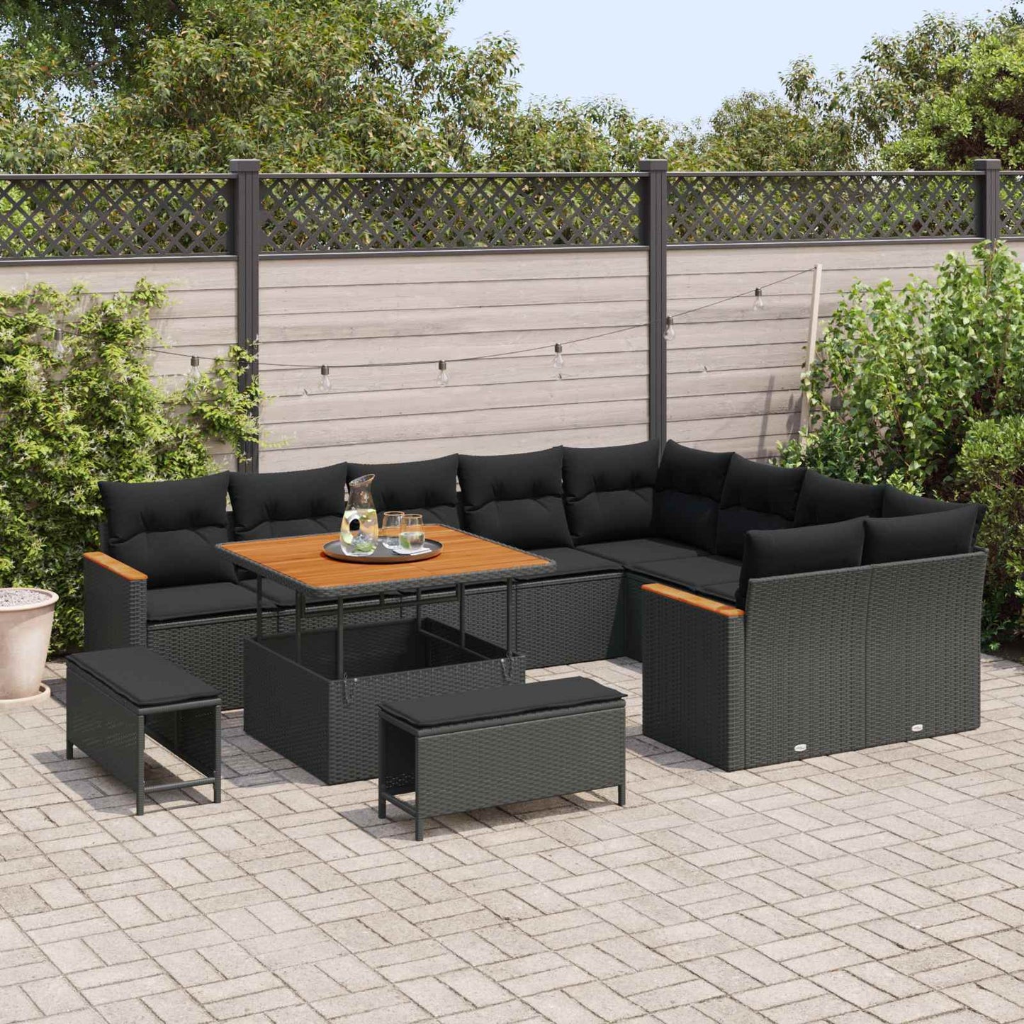Havesofa Sæt 12 stk. 9-Antal sæder Sort Poly Rattan