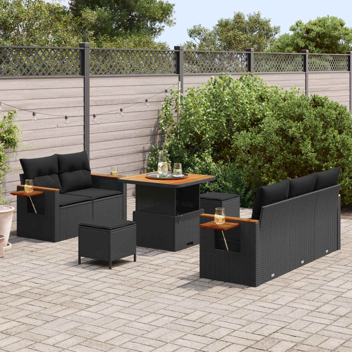 Havesofa Sæt 10 stk. 7-Antal sæder Sort polyrattan