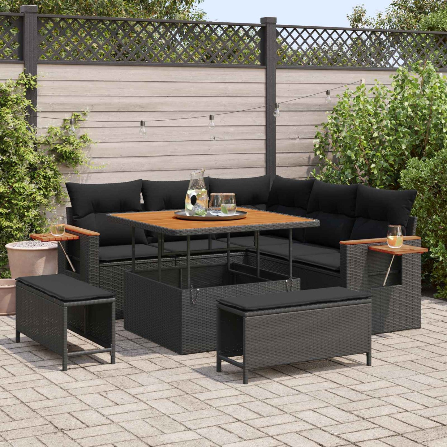 Havesofa Sæt 9 stk. 8-Antal sæder Sort polyrattan
