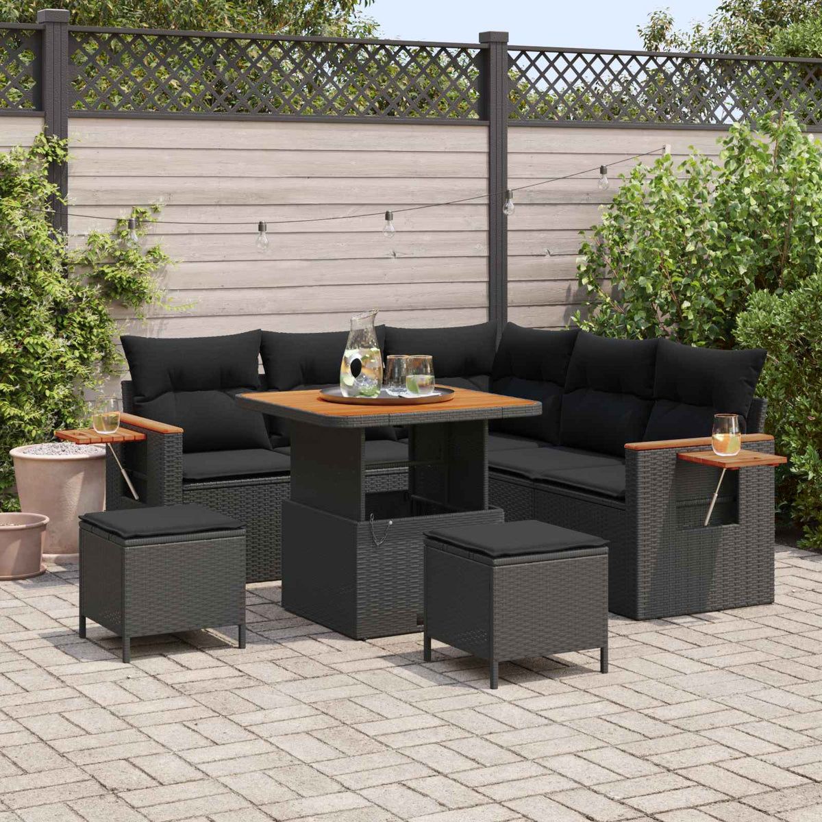 Havesofa Sæt 9 stk. 8-Antal sæder Sort polyrattan