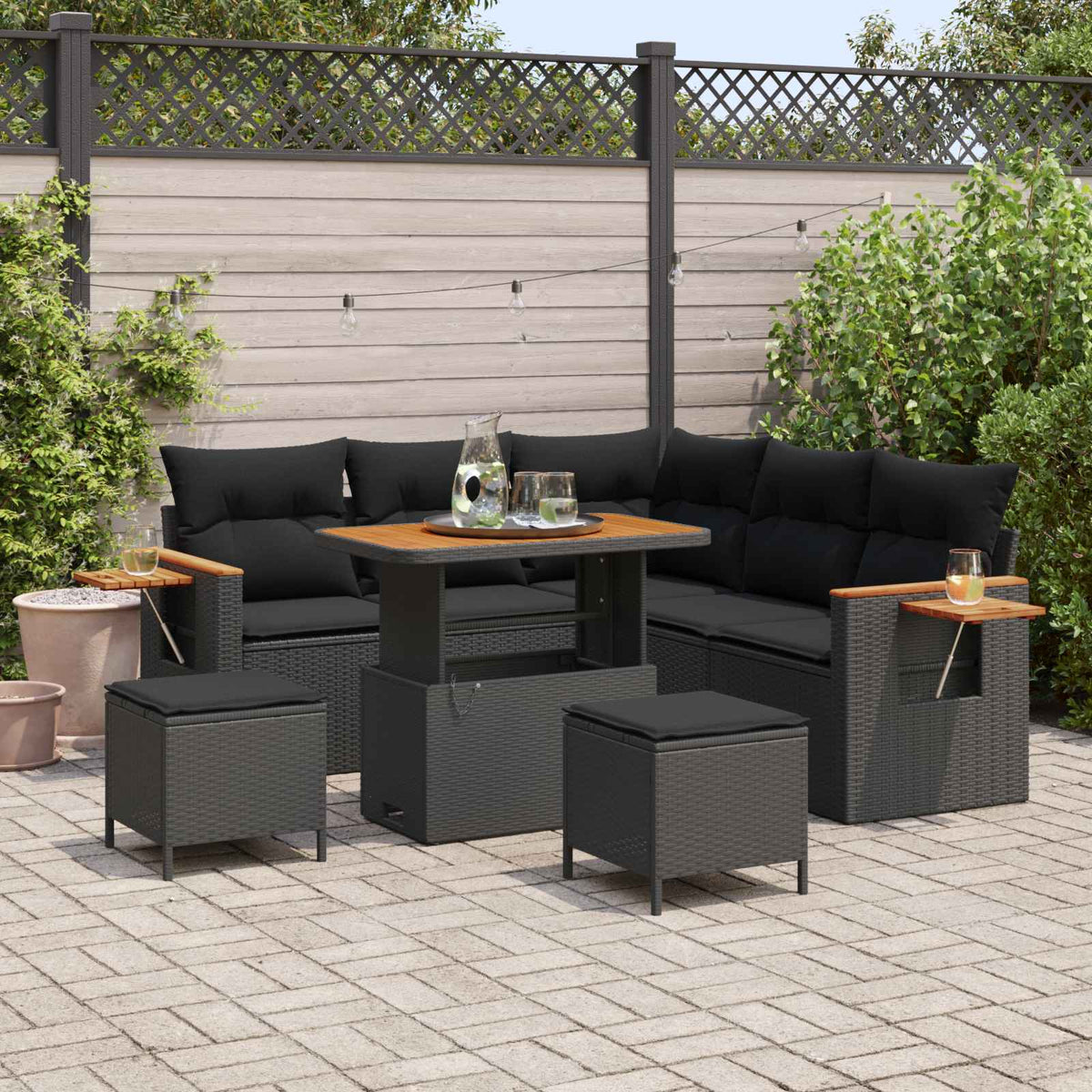 Havesofa Sæt 9 stk. 8-Antal sæder Sort polyrattan